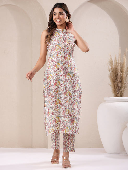 Off White Pure Cotton Leaf Motifs Printed Straight Kurta Pant Set